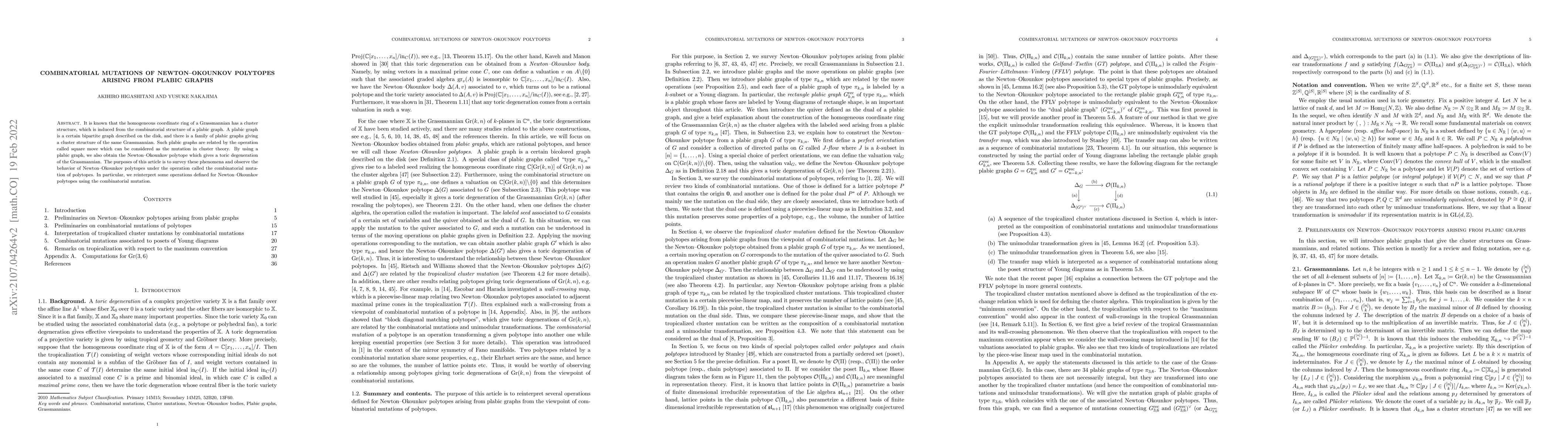 Thumbnail for Combinatorial mutations of Newton-Okounkov polytopes arising from plabic
  graphs