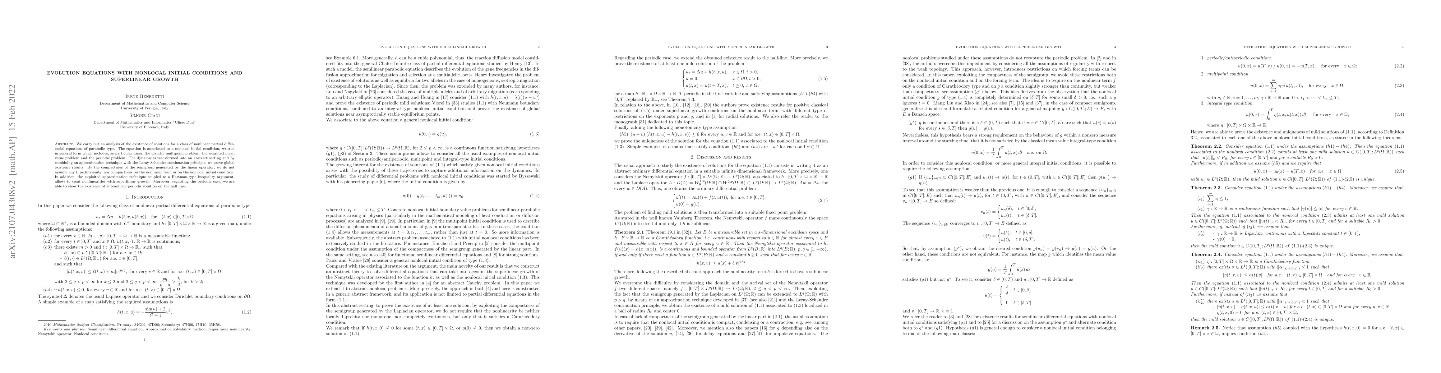 Thumbnail for Evolution equations with nonlocal initial conditions and superlinear
  growth