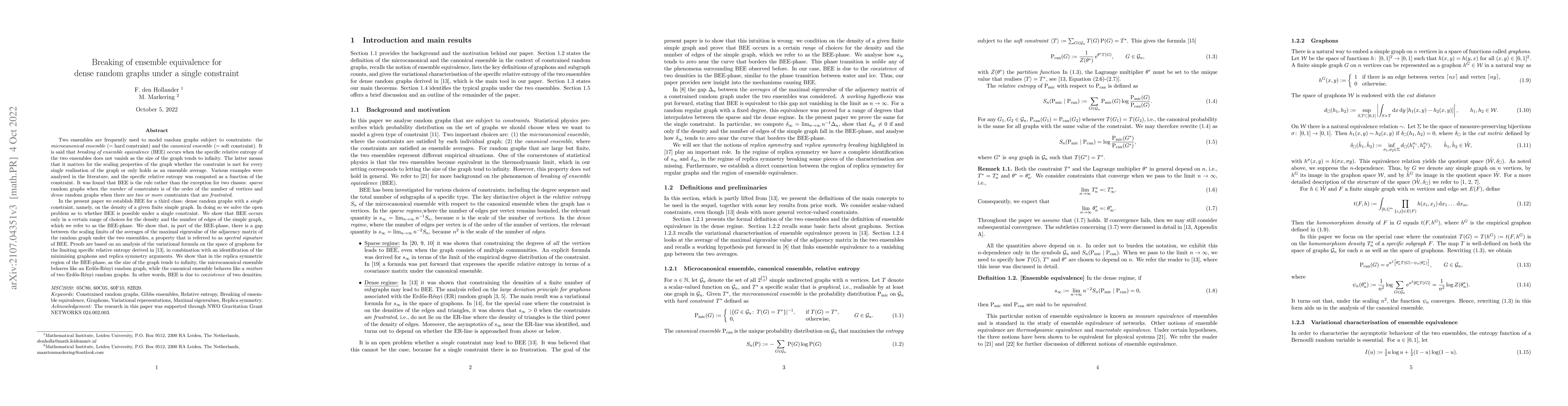 Thumbnail for Breaking of ensemble equivalence for dense random graphs under a single
  constraint