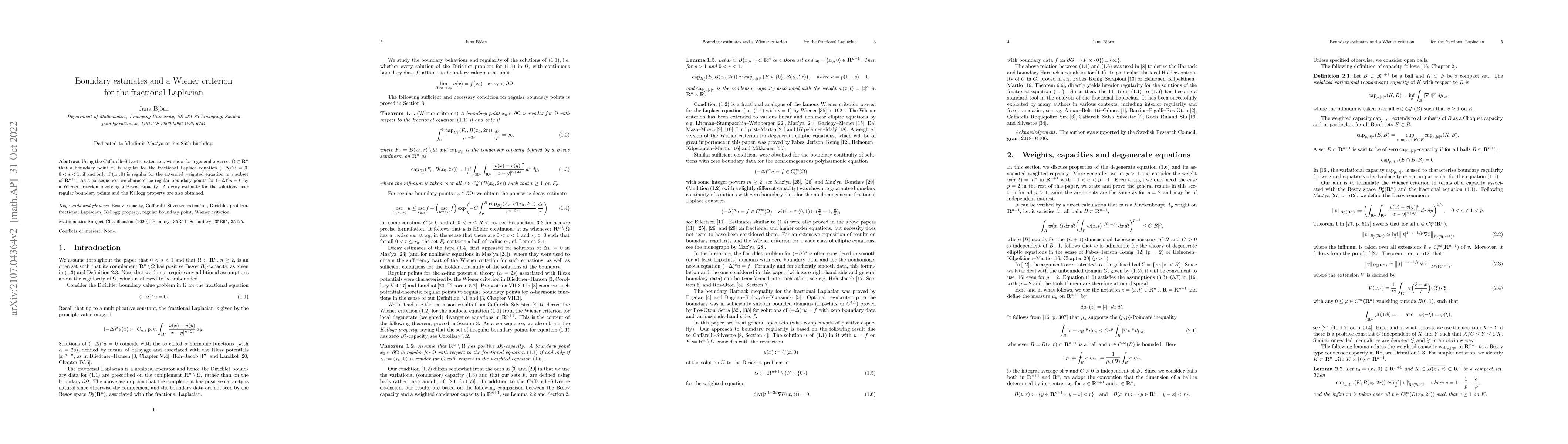 Thumbnail for Boundary estimates and a Wiener criterion for the fractional Laplacian
