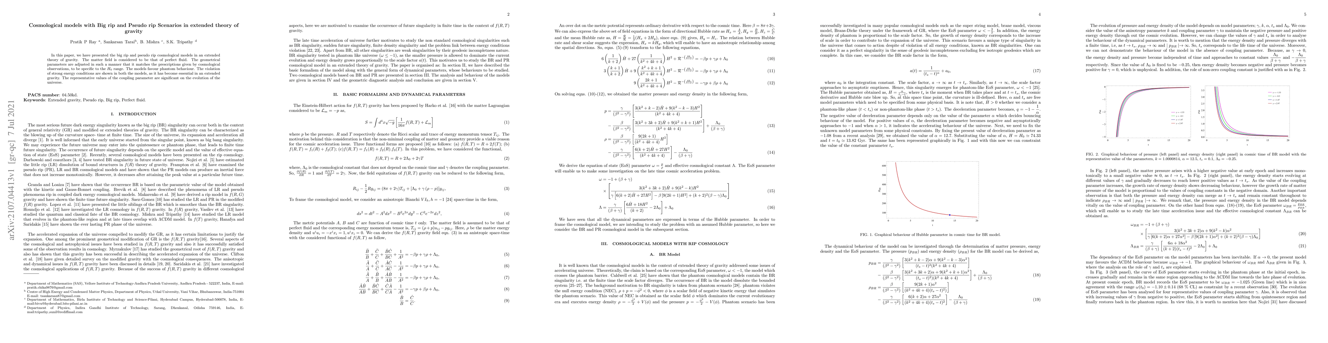 Thumbnail for Cosmological models with Big rip and Pseudo rip Scenarios in extended
  theory of gravity