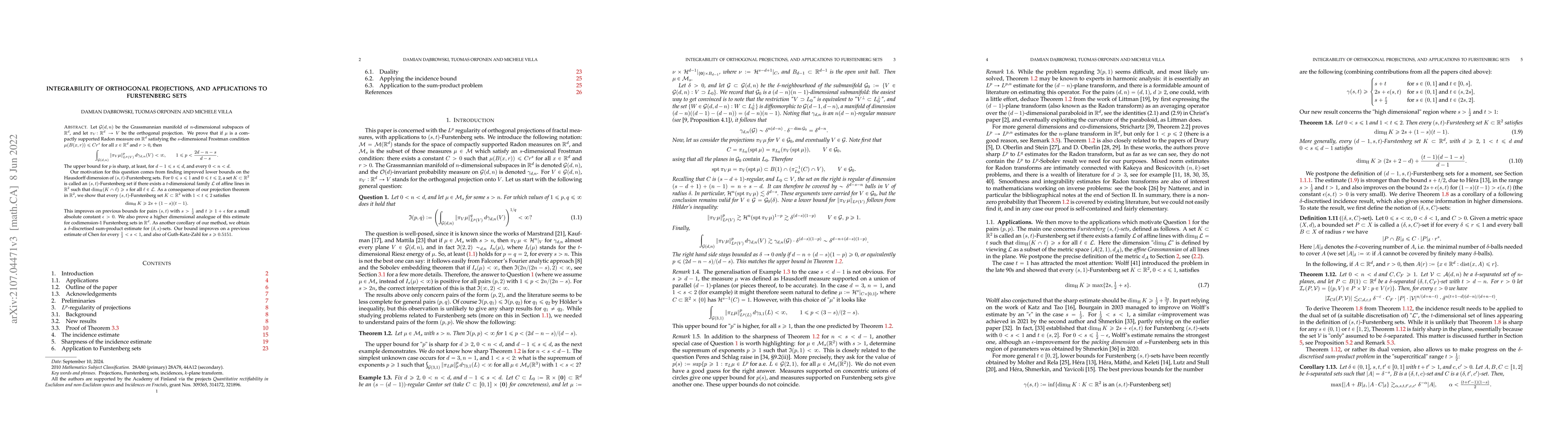 Thumbnail for Integrability of orthogonal projections, and applications to Furstenberg
  sets