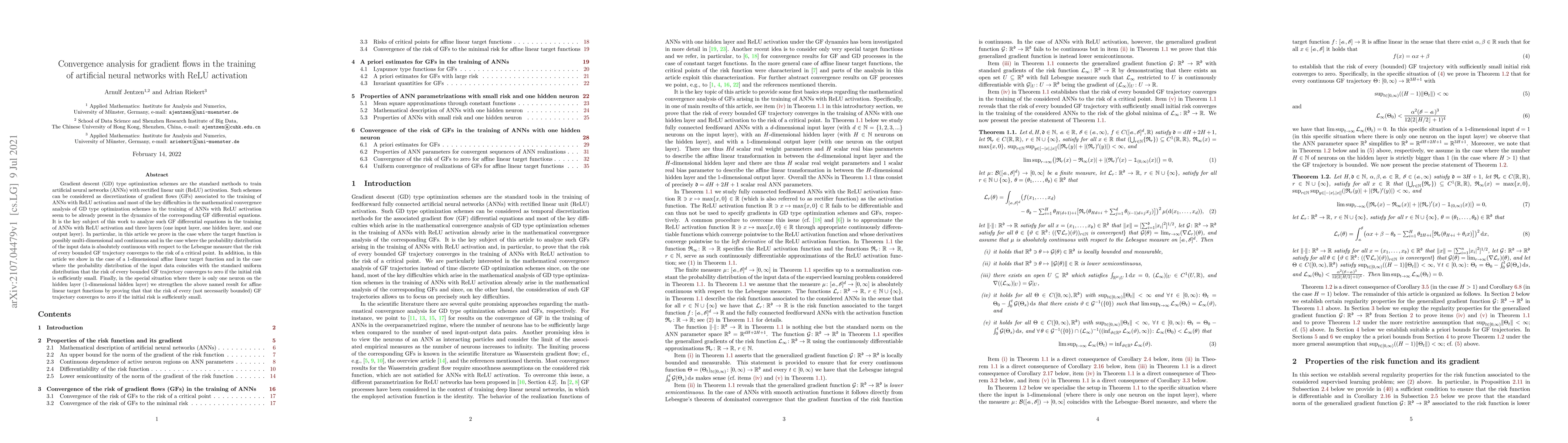 Thumbnail for Convergence analysis for gradient flows in the training of artificial
  neural networks with ReLU activation