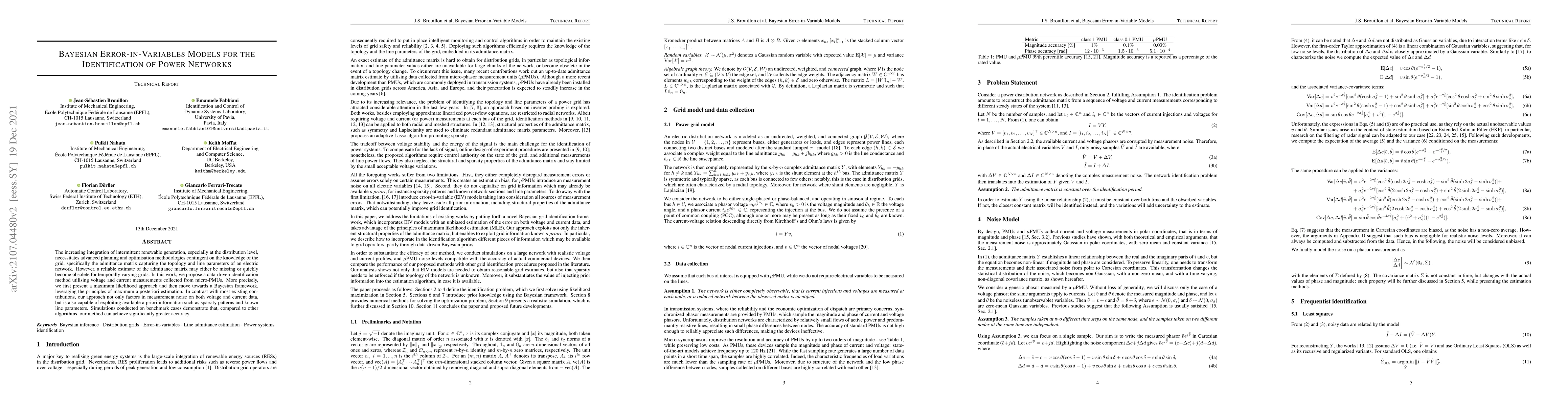 Thumbnail for Bayesian Error-in-Variables Models for the Identification of Power
  Networks