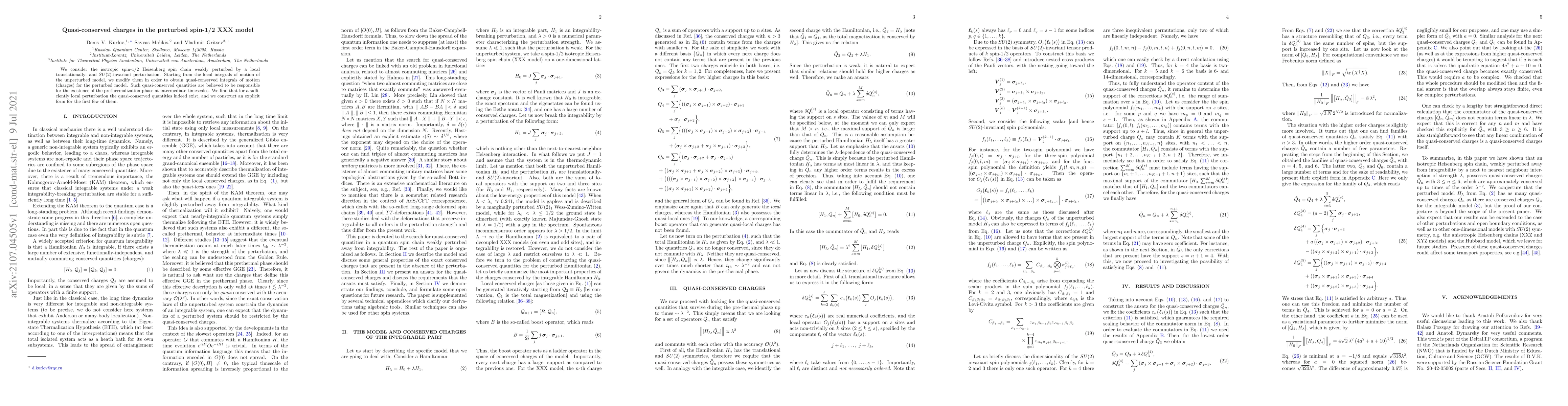 Thumbnail for Quasi-conserved charges in the perturbed spin-1/2 XXX model