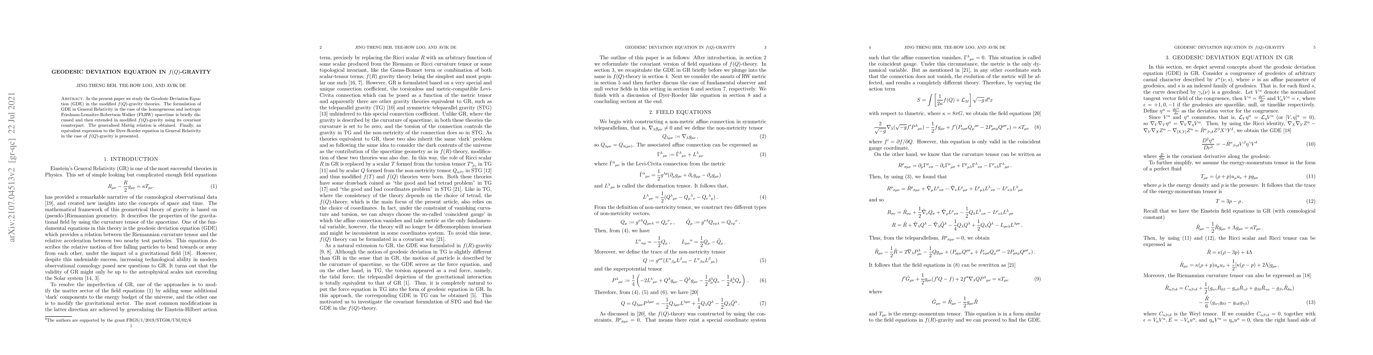 Thumbnail for Geodesic Deviation Equation In $f(Q)$-Gravity