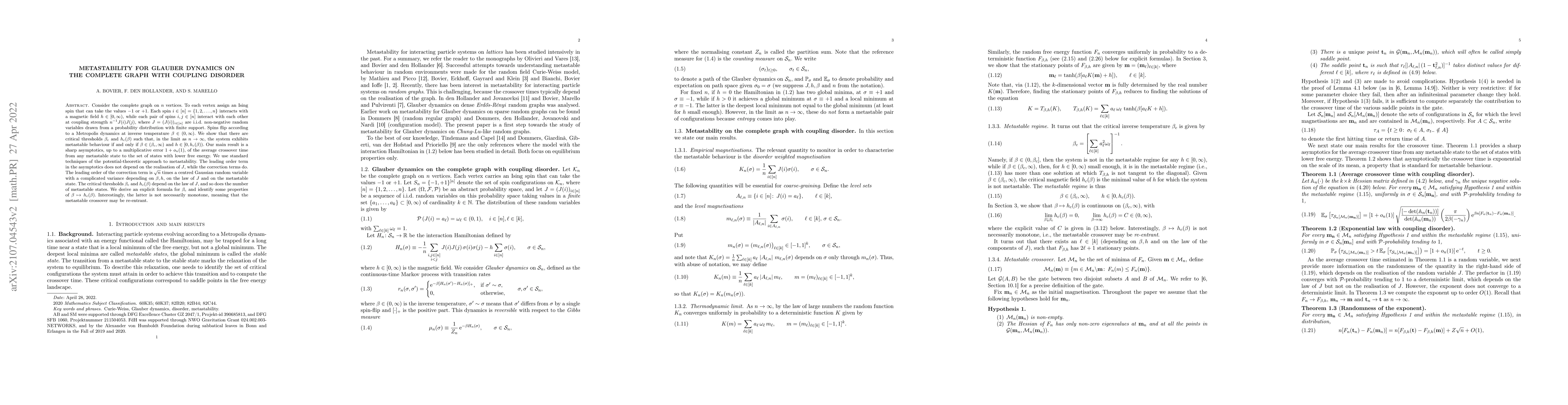 Thumbnail for Metastability for Glauber dynamics on the complete graph with coupling
  disorder