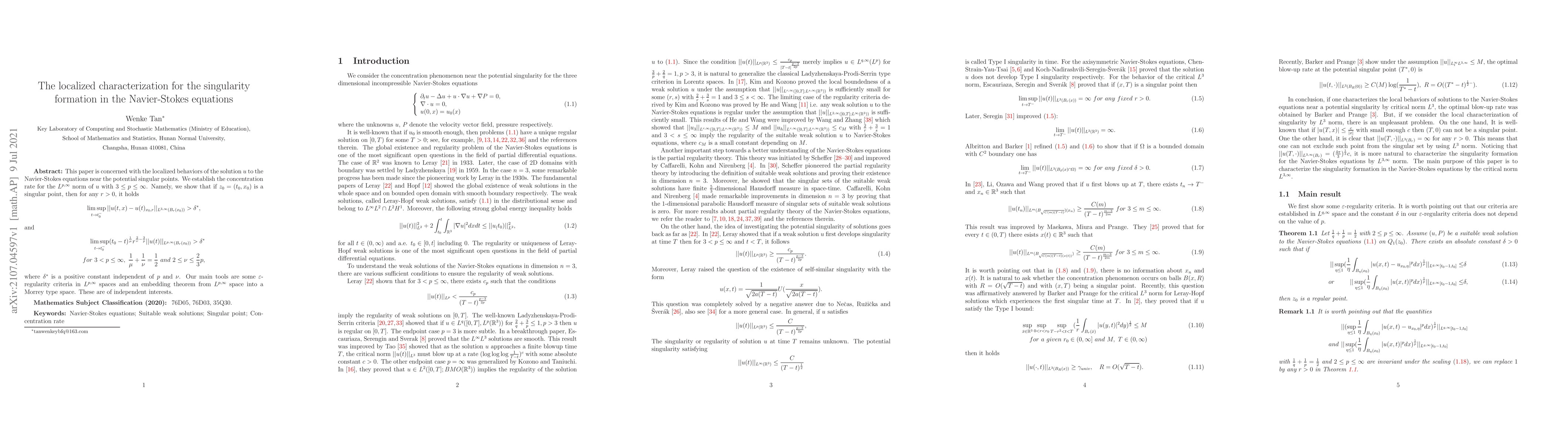 Thumbnail for The localized characterization for the singularity formation in the
  Navier-Stokes equations