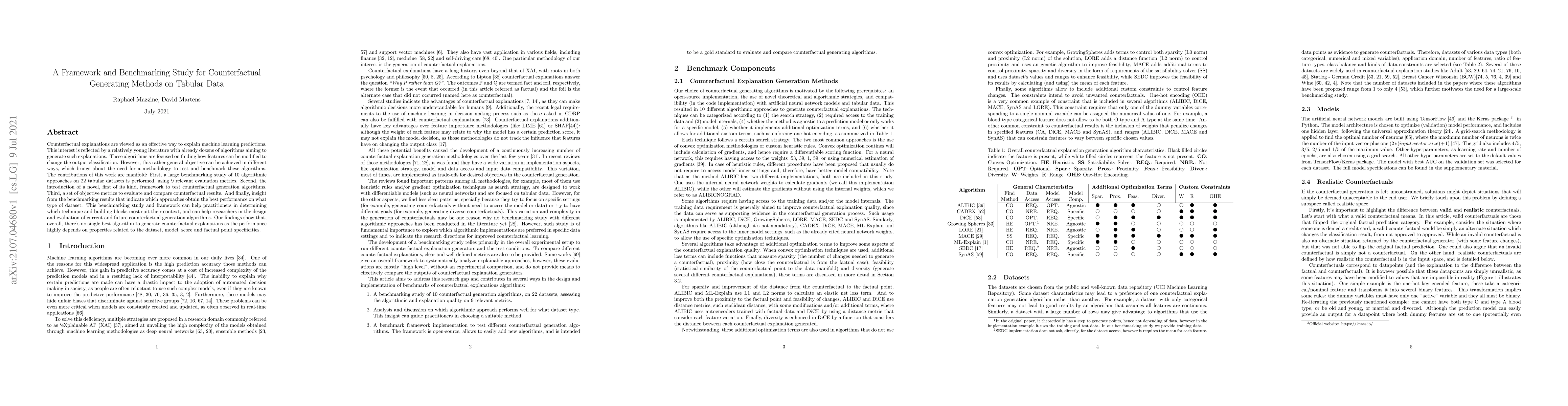 Thumbnail for A Framework and Benchmarking Study for Counterfactual Generating Methods
  on Tabular Data