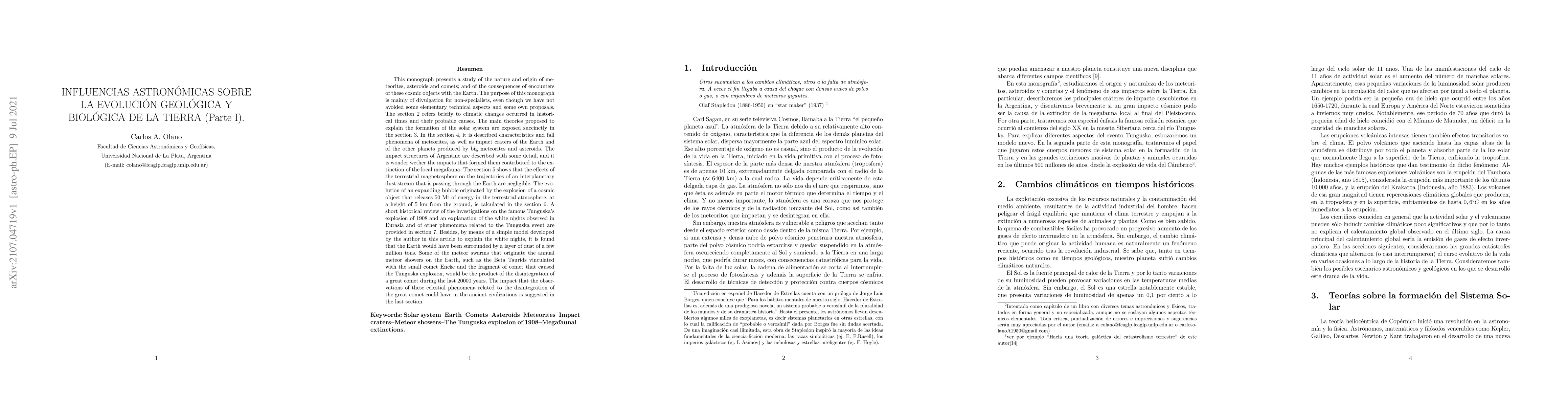 Thumbnail for Influencias astron\'omicas sobre la evoluci\'on geol\'ogica y
  biol\'ogica de la Tierra (parte I)