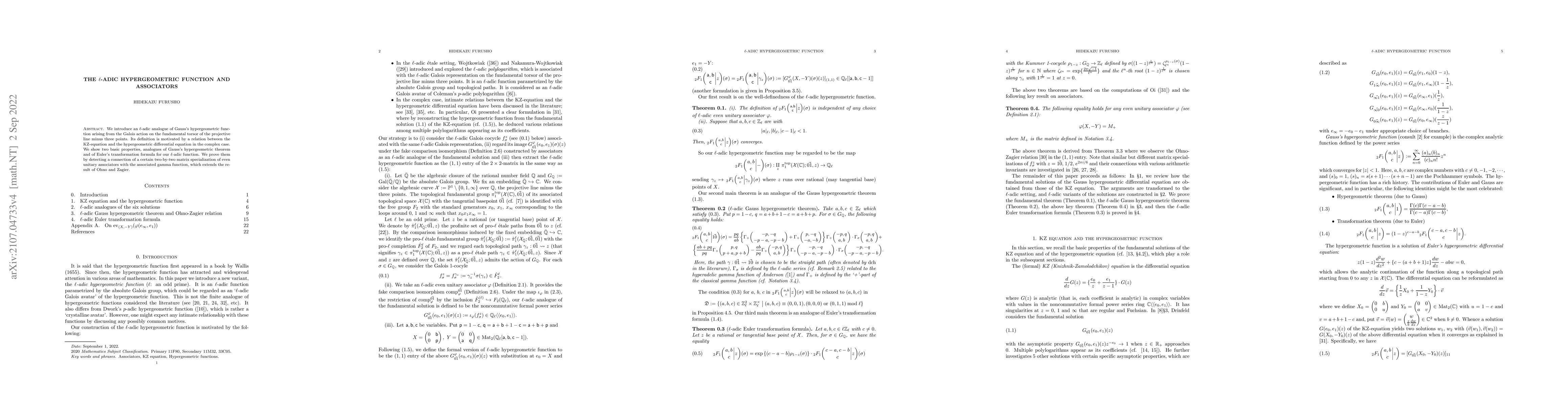 Thumbnail for The $\ell$-adic hypergeometric function and associators