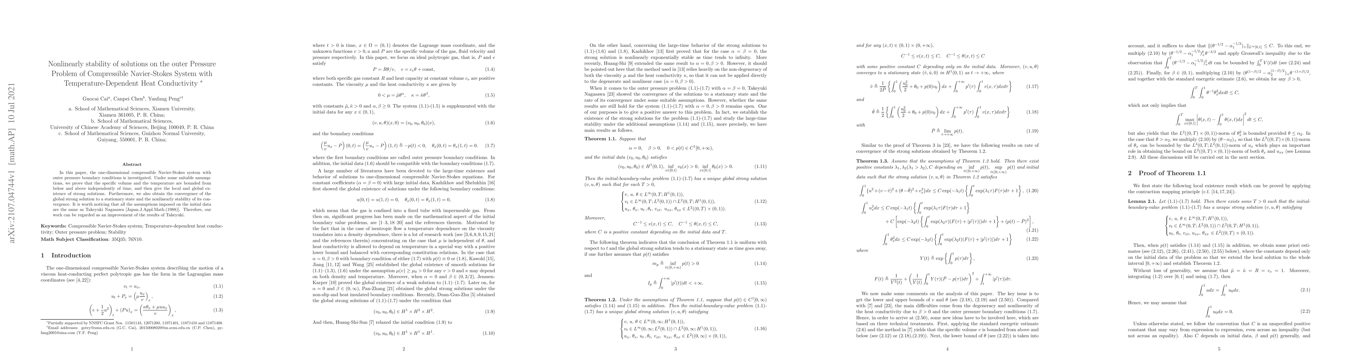 Thumbnail for Nonlinearly stability of solutions on the outer Pressure Problem of
  Compressible Navier-Stokes System with Temperature-Dependent Heat
  Conductivity