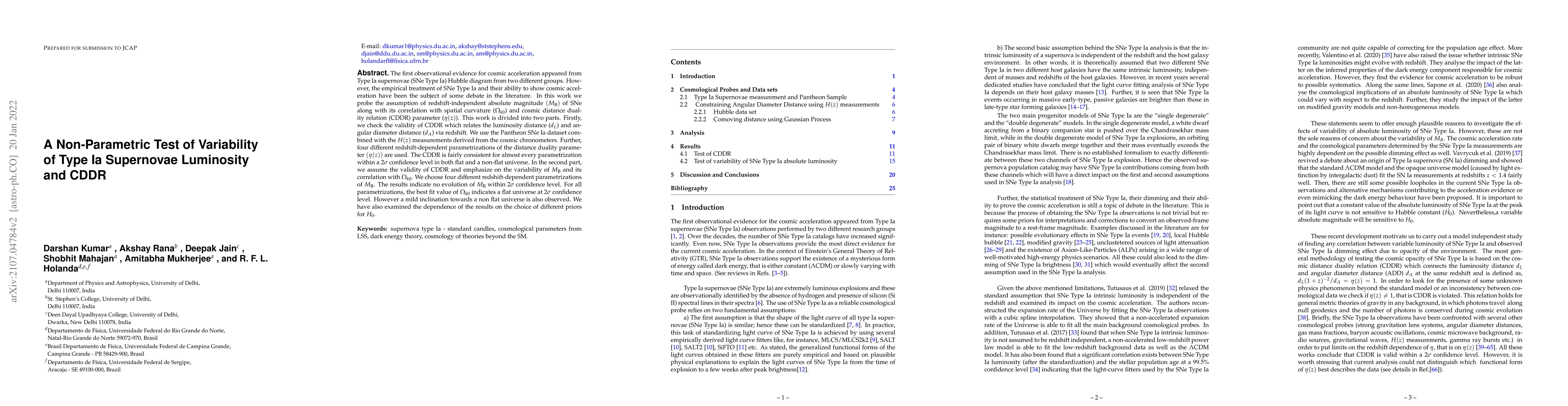 Thumbnail for A non-parametric test of variability of Type Ia supernovae luminosity
  and CDDR