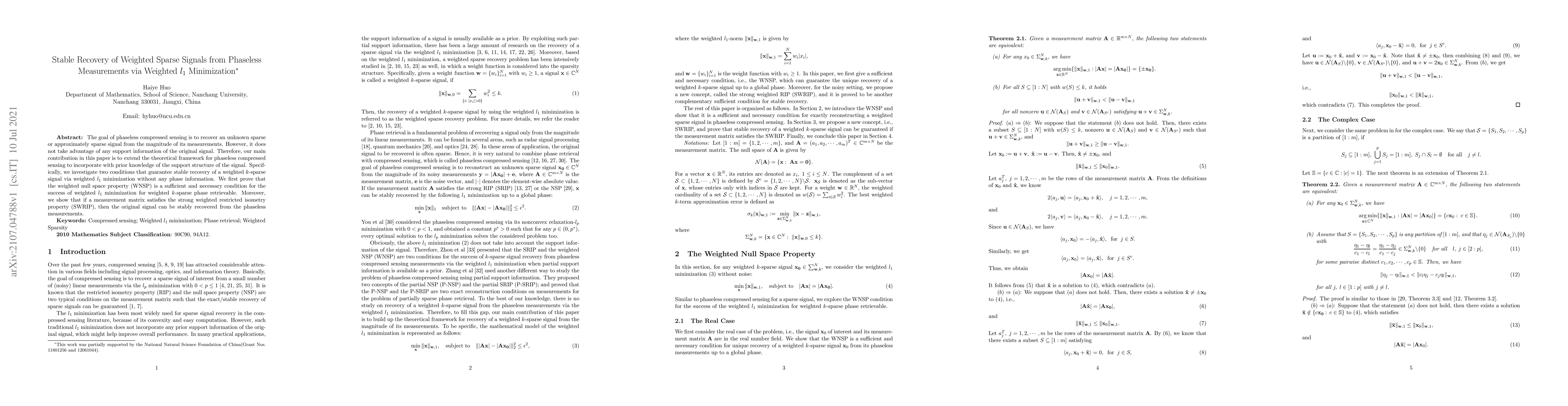 Thumbnail for Stable Recovery of Weighted Sparse Signals from Phaseless Measurements
  via Weighted l1 Minimization