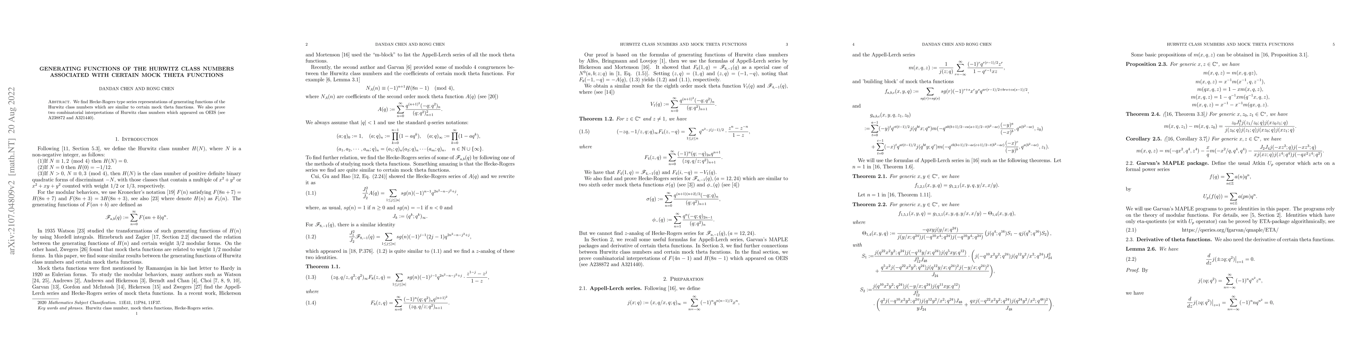 Thumbnail for Generating Functions of the Hurwitz Class Numbers Associated with
  Certain Mock Theta Functions