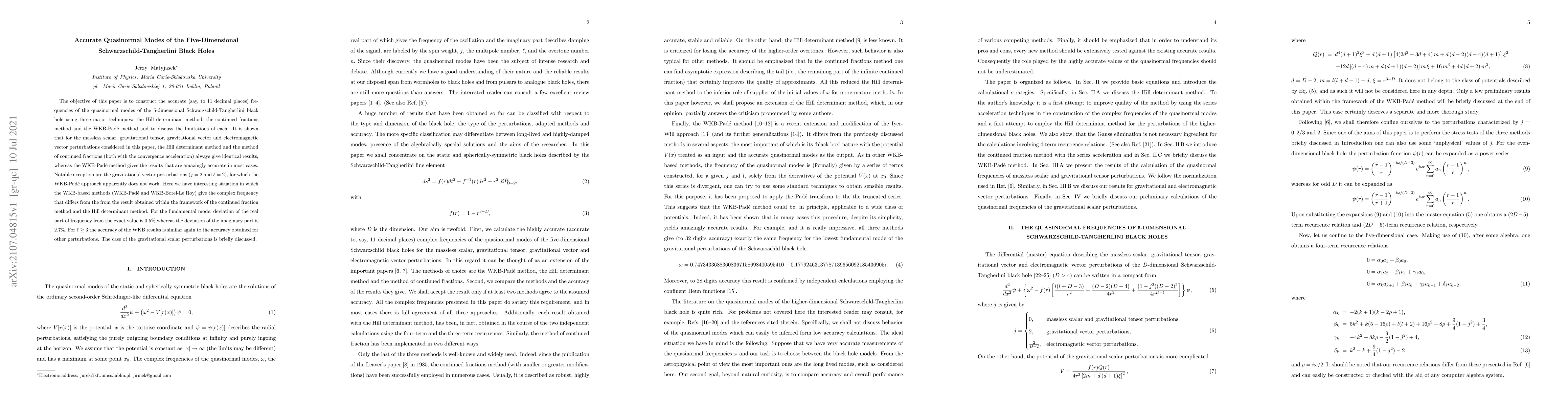 Thumbnail for Accurate Quasinormal Modes of the Five-Dimensional
  Schwarzschild-Tangherlini Black Holes