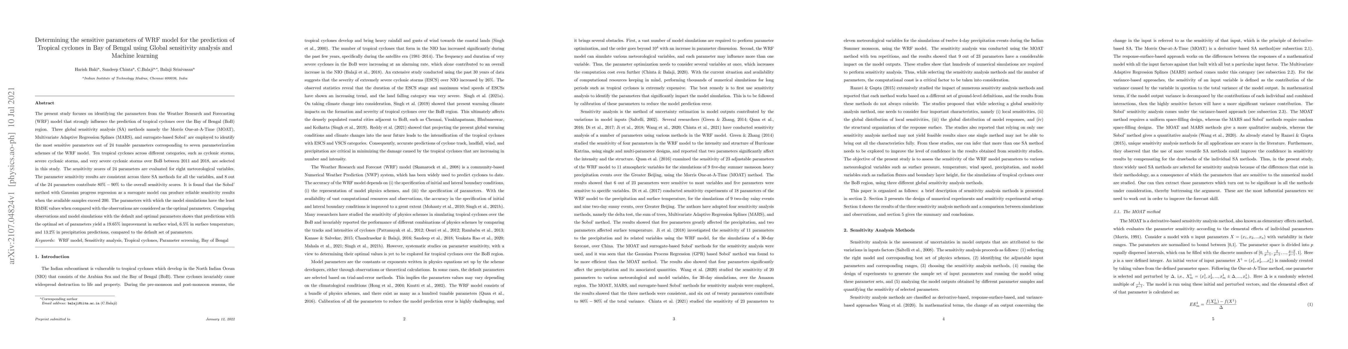 Thumbnail for Determining the sensitive parameters of WRF model for the prediction of
  Tropical cyclones in Bay of Bengal using Global sensitivity analysis and
  Machine learning