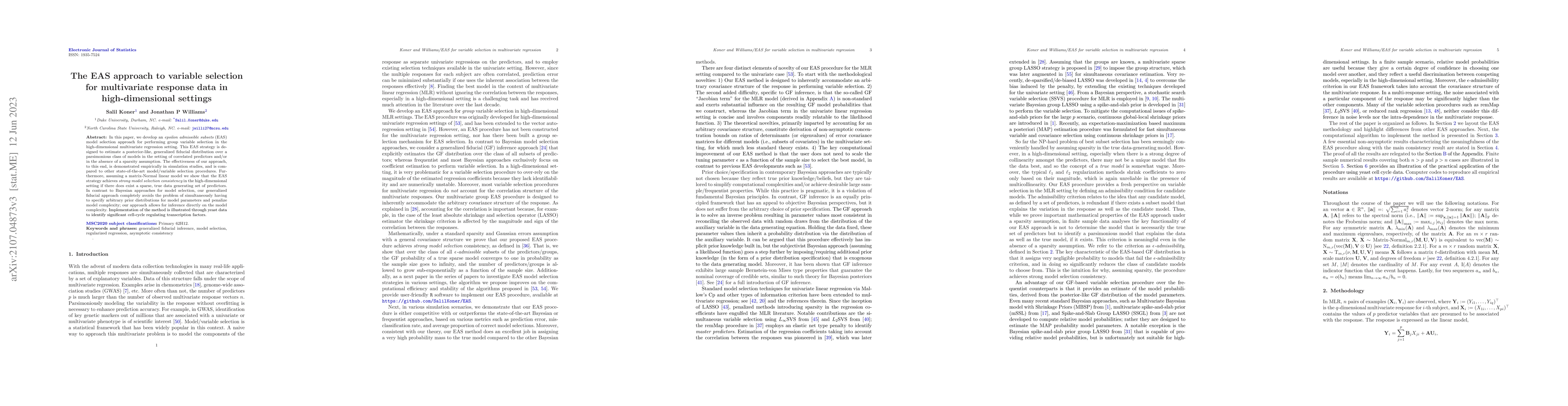 Thumbnail for The EAS approach to variable selection for multivariate response data in
  high-dimensional settings