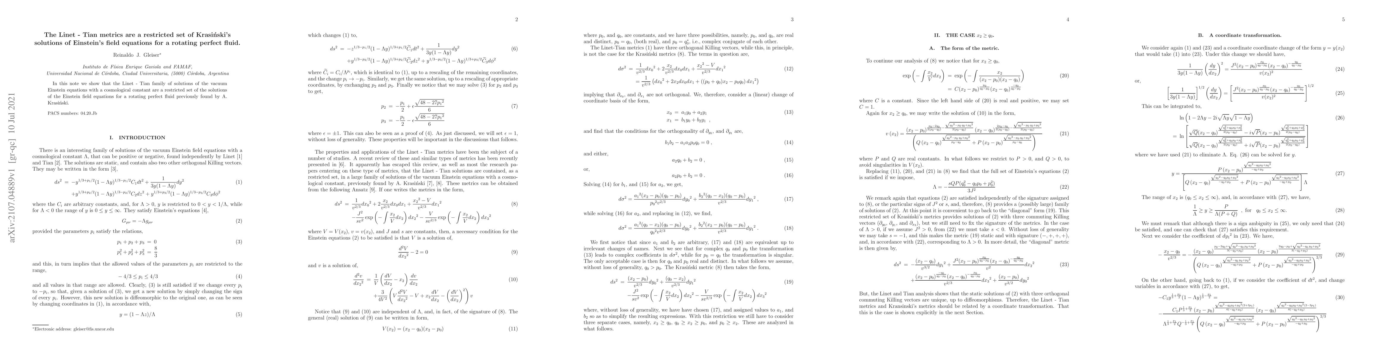 Thumbnail for The Linet-Tian metrics are a restricted set of Krasi\'nski's solutions
  of Einstein's field equations for a rotating perfect fluid