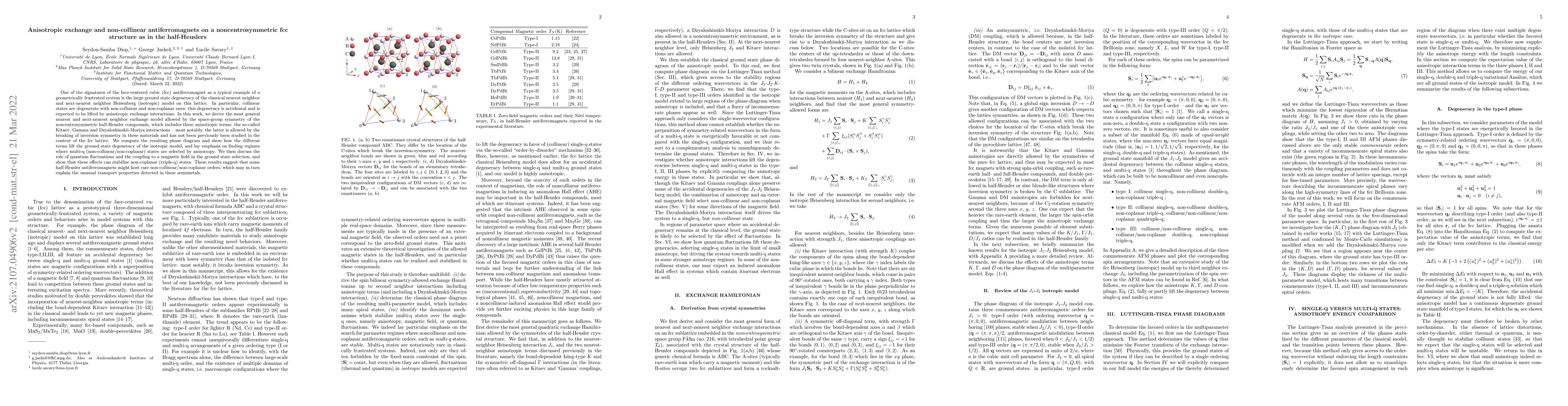 Thumbnail for Anisotropic exchange and non-collinear antiferromagnets on a
  noncentrosymmetric fcc structure as in the half-Heuslers
