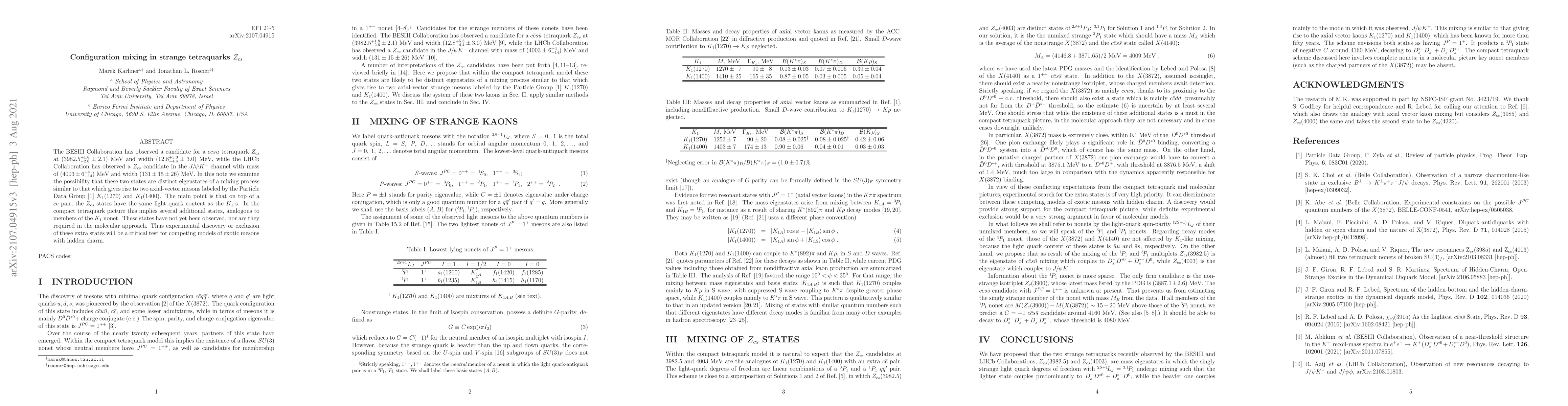 Thumbnail for Configuration mixing in strange tetraquarks $Z_{cs}$