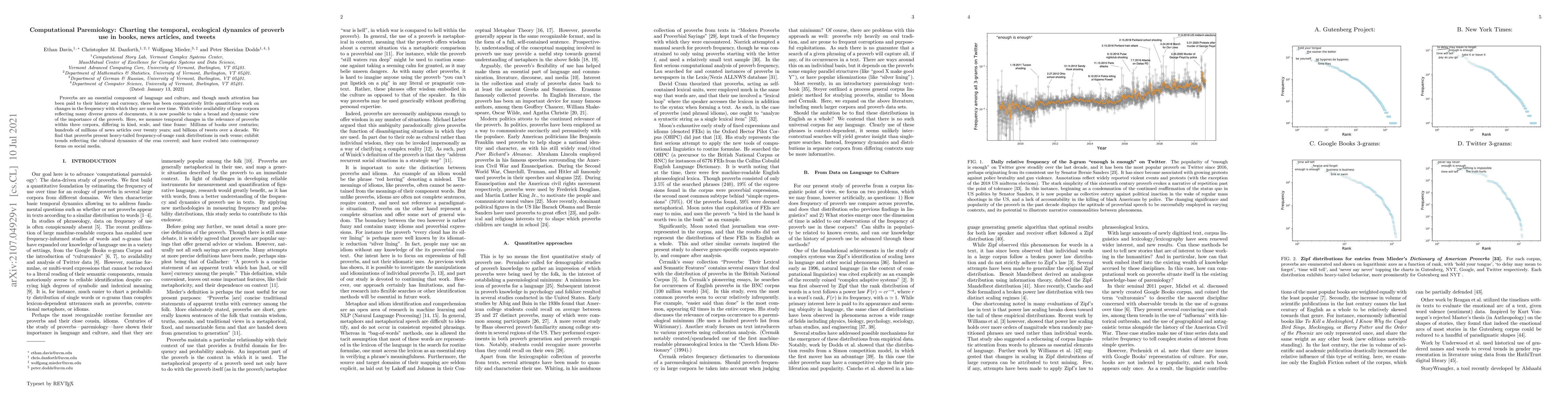 Thumbnail for Computational Paremiology: Charting the temporal, ecological dynamics of
  proverb use in books, news articles, and tweets