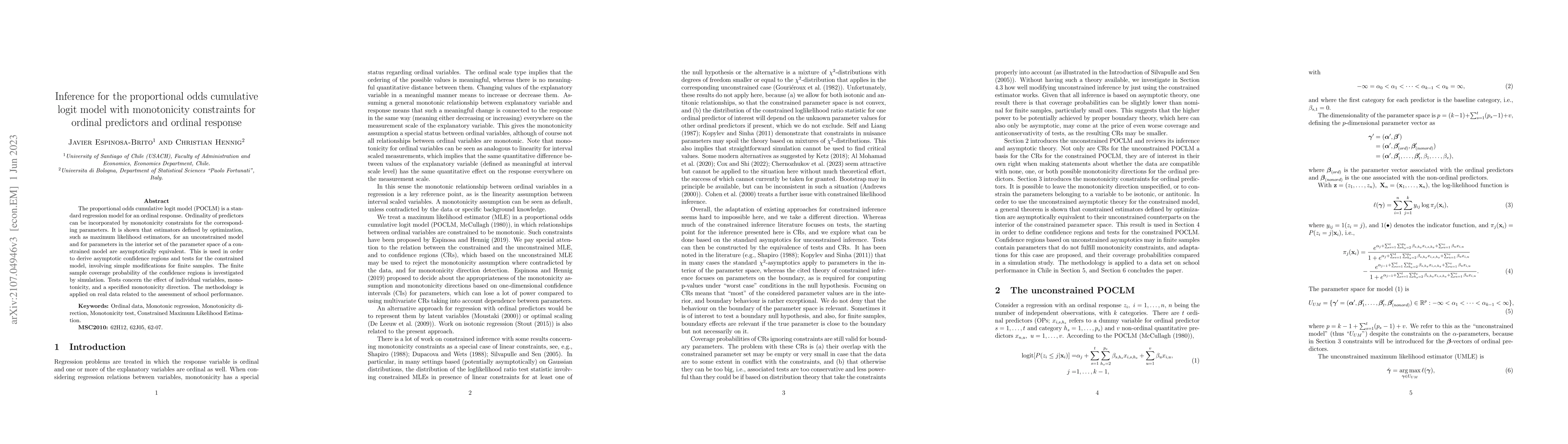 Thumbnail for Inference for the proportional odds cumulative logit model with
  monotonicity constraints for ordinal predictors and ordinal response