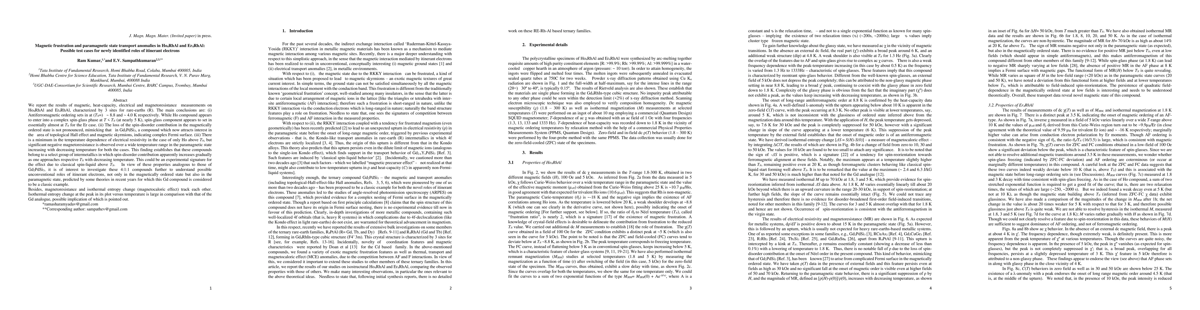 Thumbnail for Magnetic frustration and paramagnetic state transport anomalies in
  Ho4RhAl and Er4RhAl: Possible test cases for newly identified roles of
  itinerant electrons