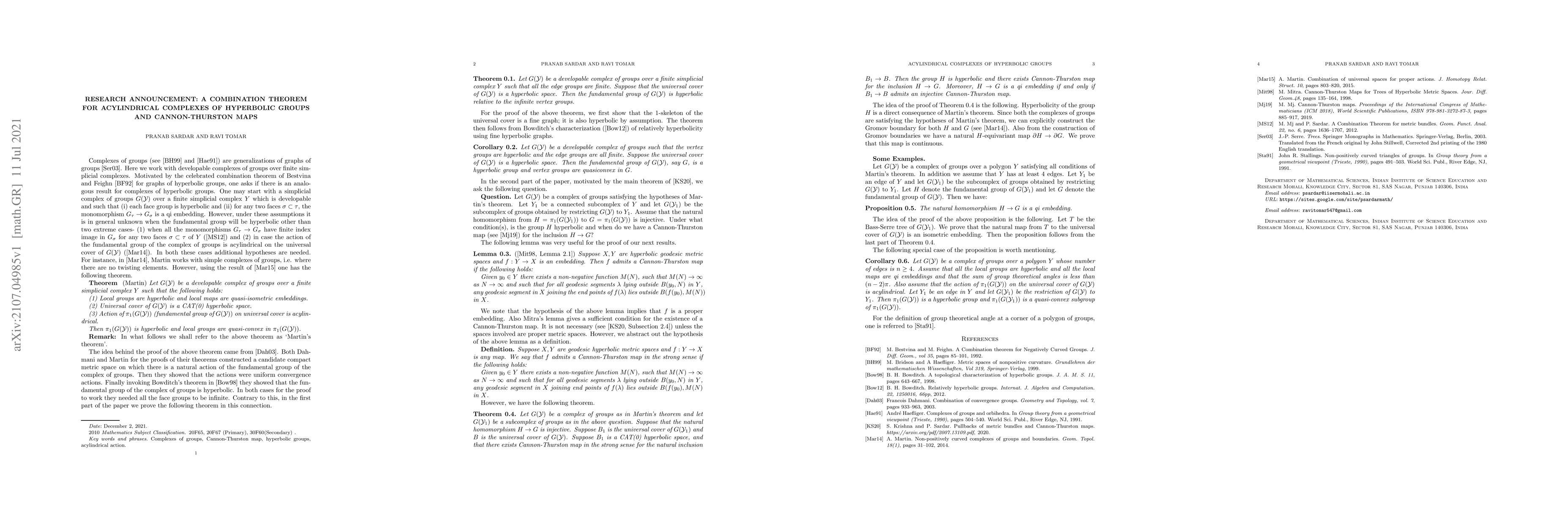 Thumbnail for Research announcement: A combination theorem for acylindrical complexes
  of hyperbolic groups and Cannon-Thurston maps