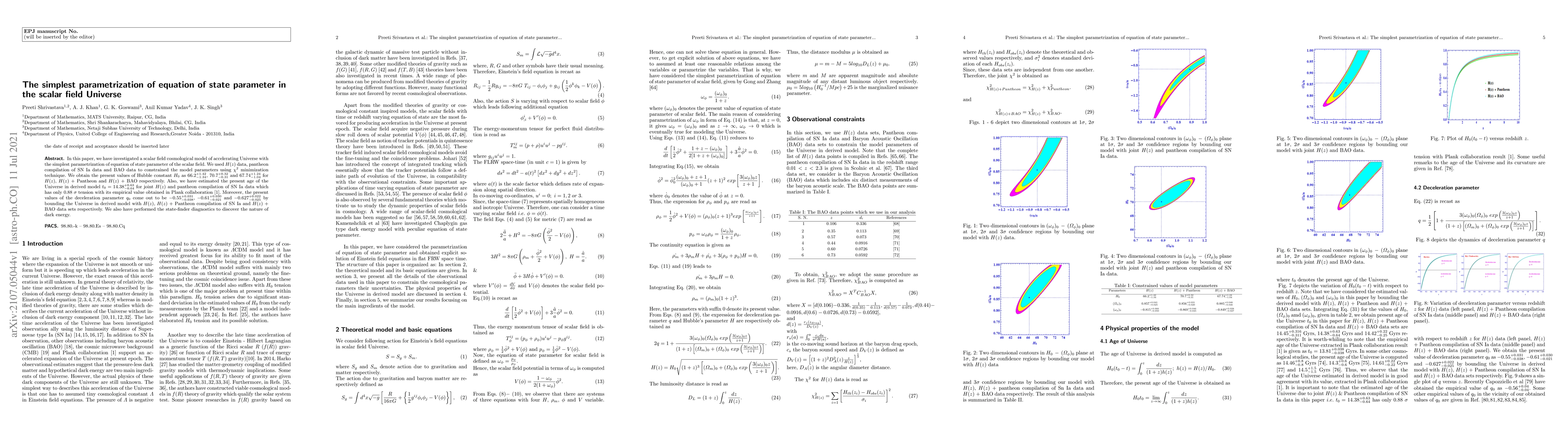 Thumbnail for The simplest parametrization of equation of state parameter in the
  scalar field Universe