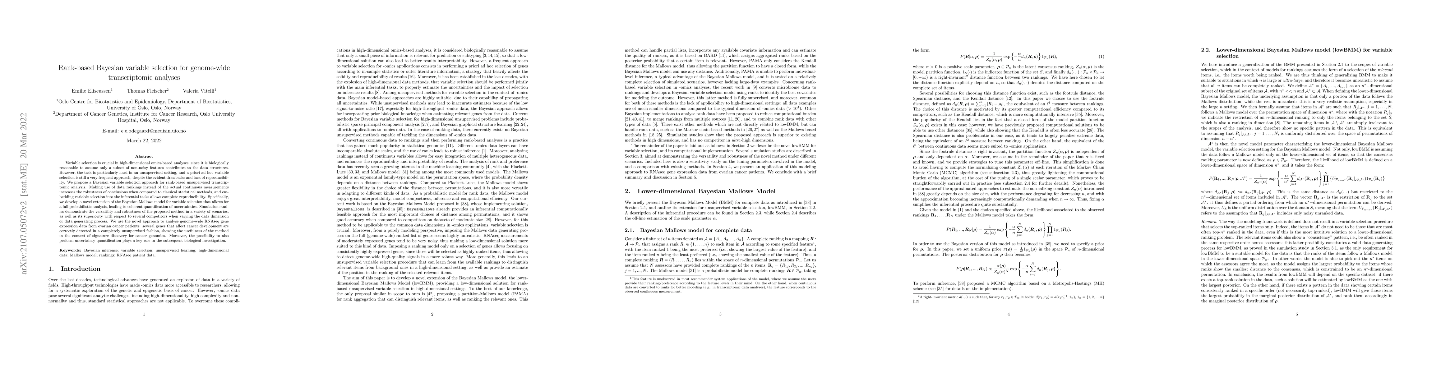 Thumbnail for Rank-based Bayesian variable selection for genome-wide transcriptomic
  analyses