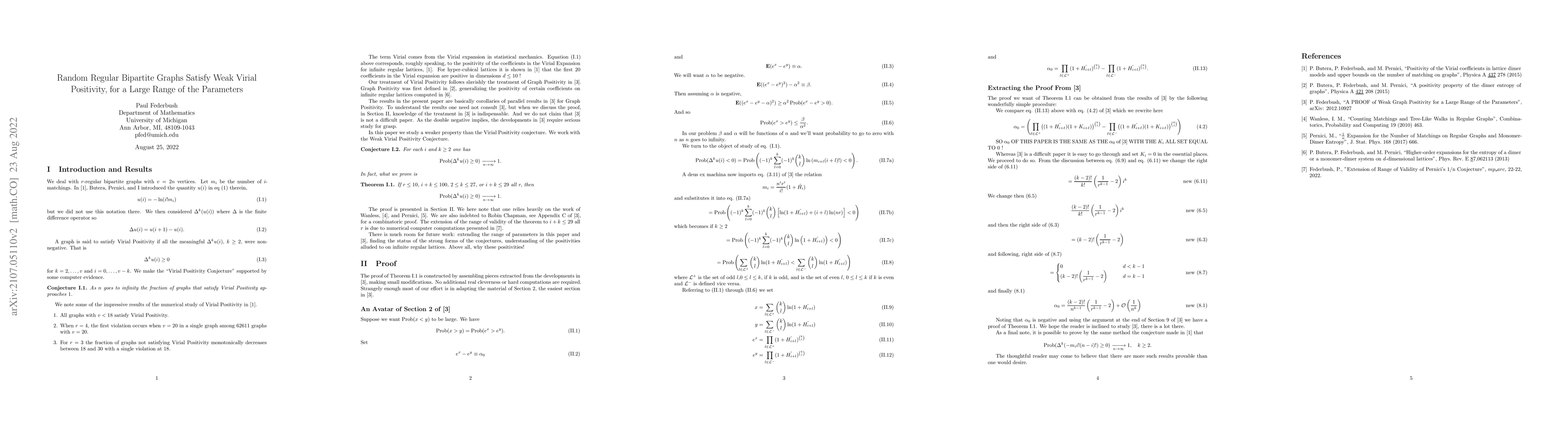 Thumbnail for Random Regular Bipartite Graphs Satisfy Weak Virial Positivity, for a
  Large Range of the Parameters