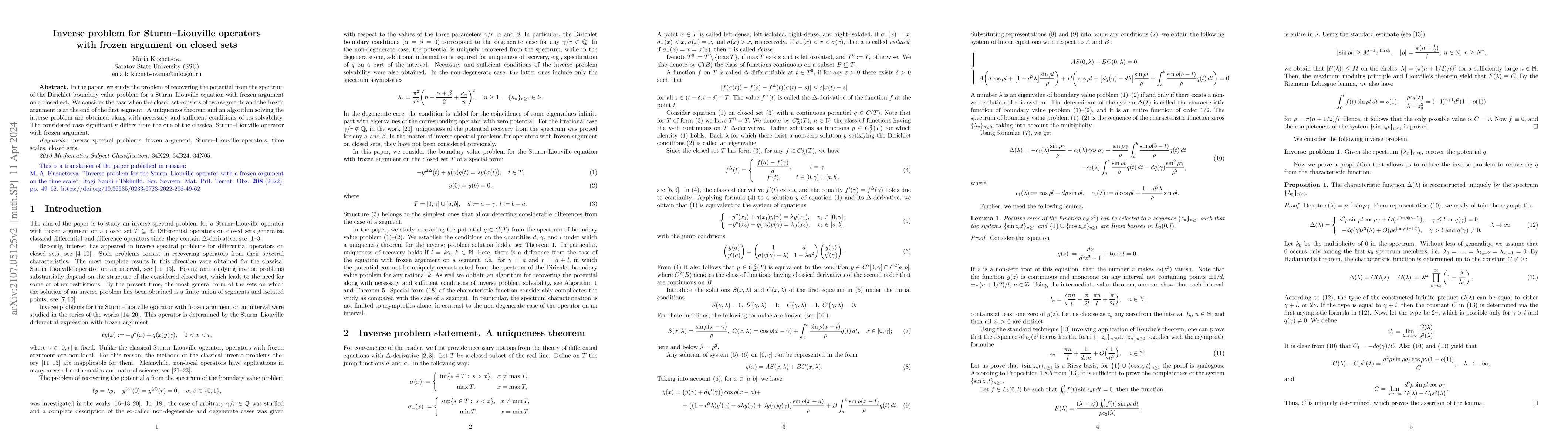 Thumbnail for Inverse problem for Sturm--Liouville operators with frozen argument on
  closed sets