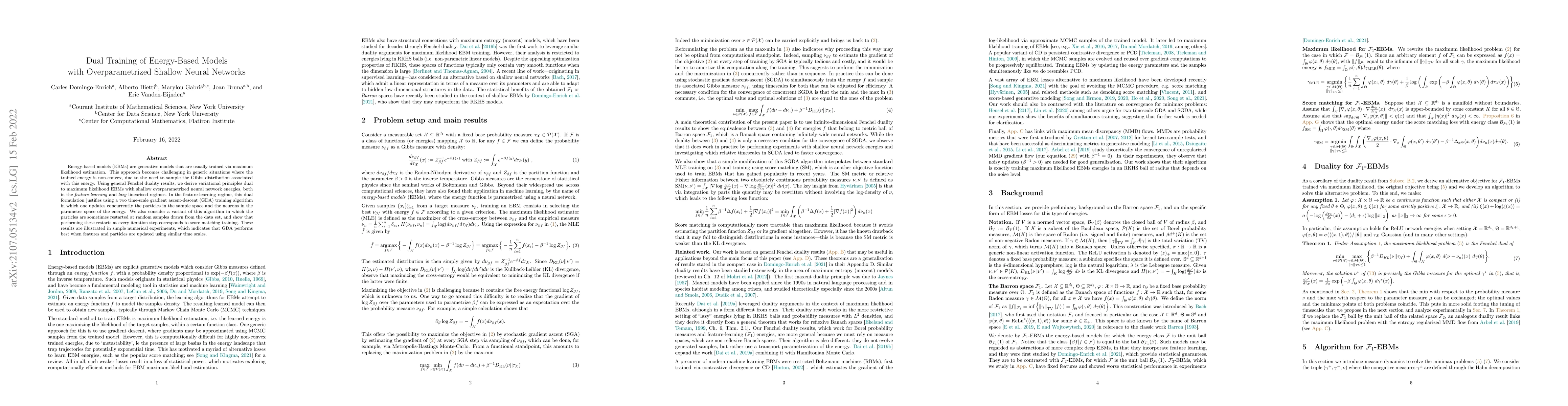 Thumbnail for Dual Training of Energy-Based Models with Overparametrized Shallow
  Neural Networks