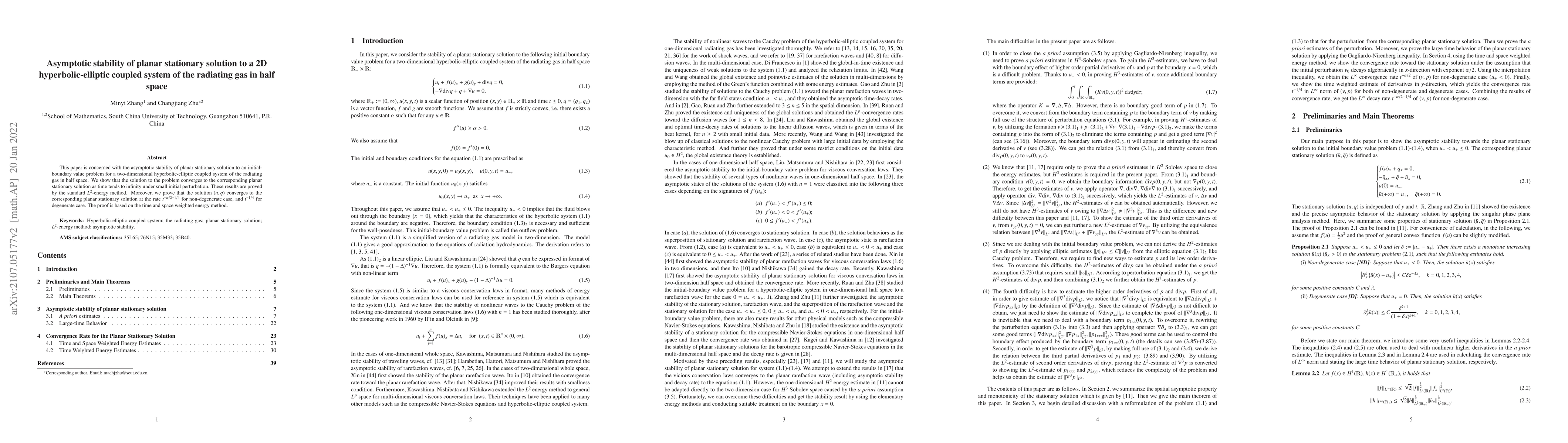 Thumbnail for Asymptotic stability of planar stationary solution to a 2D
  hyperbolic-elliptic coupled system of the radiating gas in half space