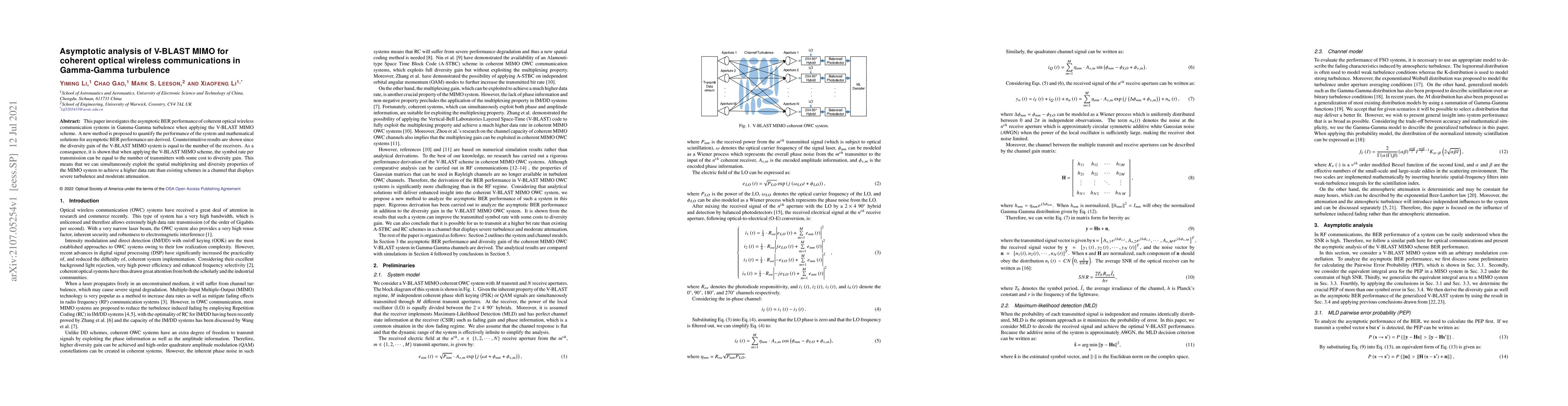 Thumbnail for Asymptotic analysis of V-BLAST MIMO for coherent optical wireless
  communications in Gamma-Gamma turbulence