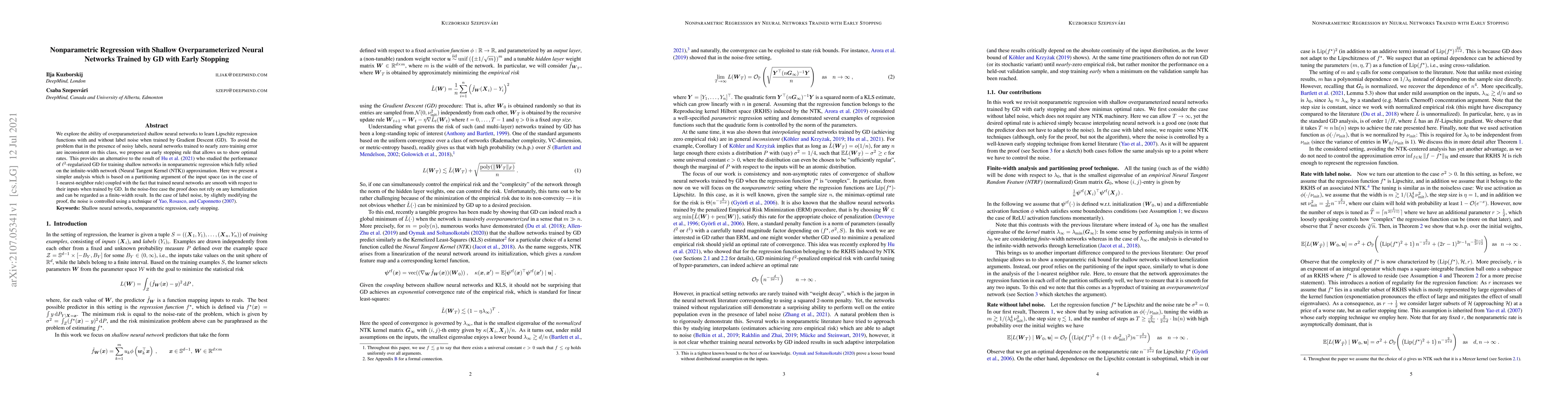 Thumbnail for Nonparametric Regression with Shallow Overparameterized Neural Networks
  Trained by GD with Early Stopping