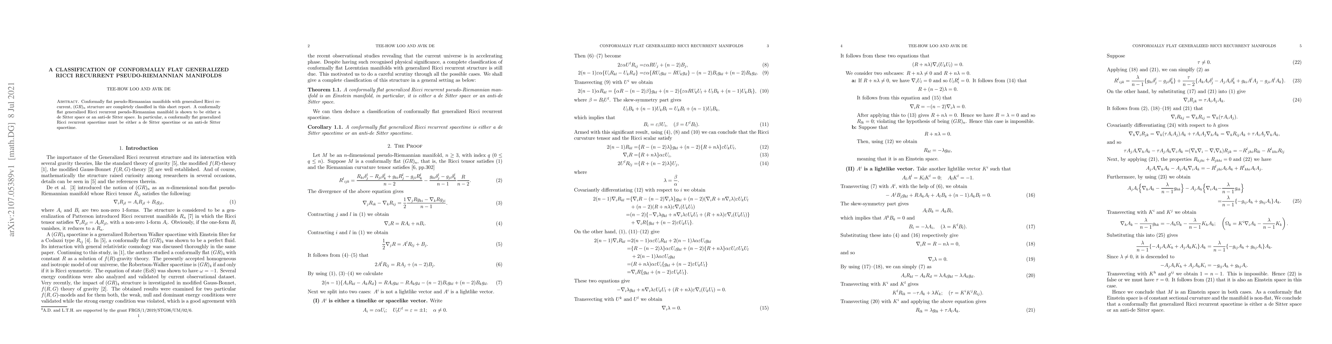 Thumbnail for A classification of conformally flat generalized Ricci recurrent
  pseudo-Riemannian manifolds