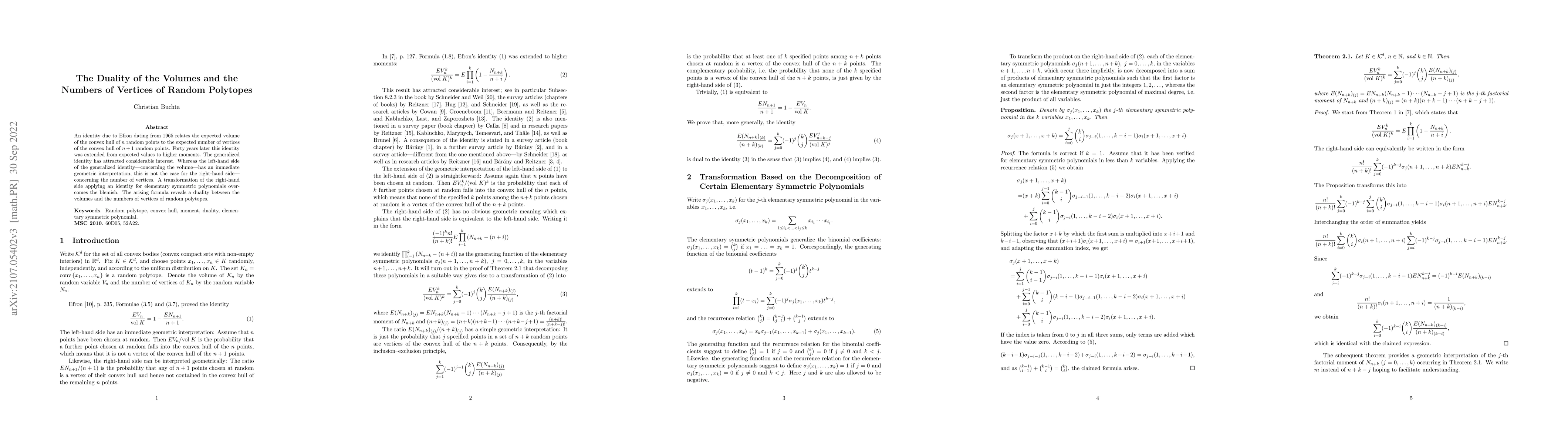 Thumbnail for The Duality of the Volumes and the Numbers of Vertices of Random
  Polytopes