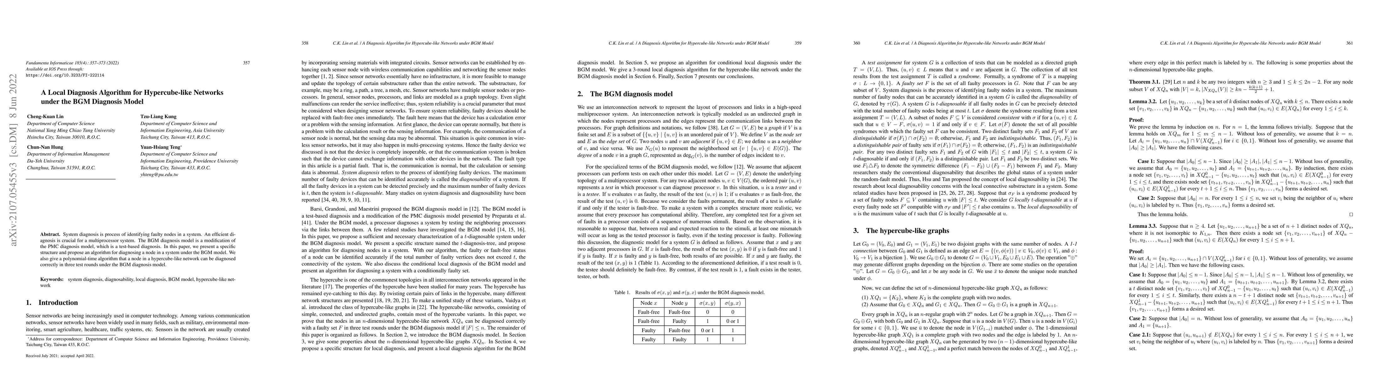 Thumbnail for A Local Diagnosis Algorithm for Hypercube-like Networks under the BGM
  Diagnosis Model