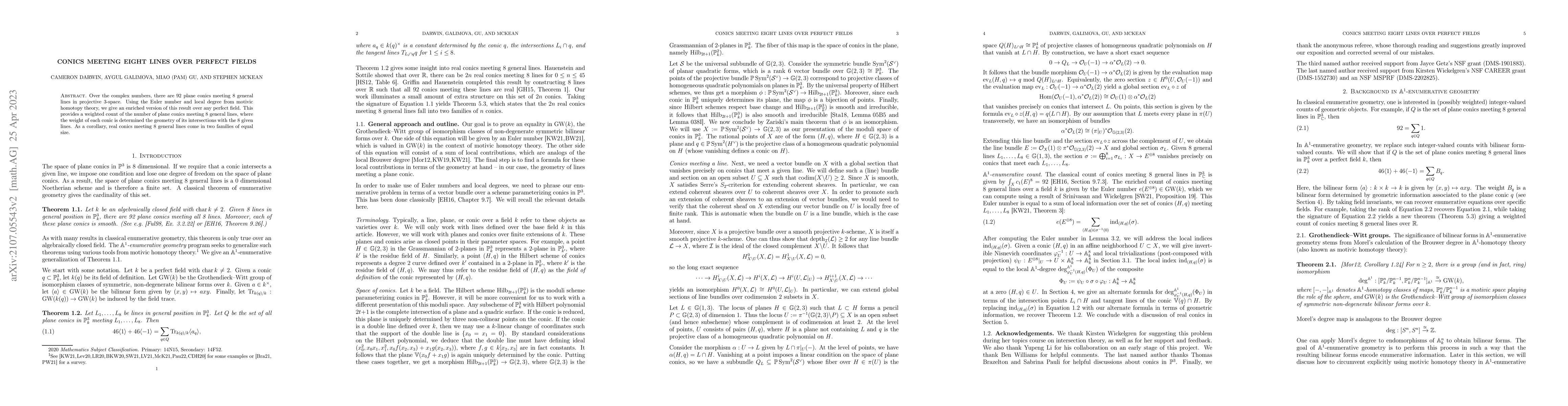 Thumbnail for Conics meeting eight lines over perfect fields