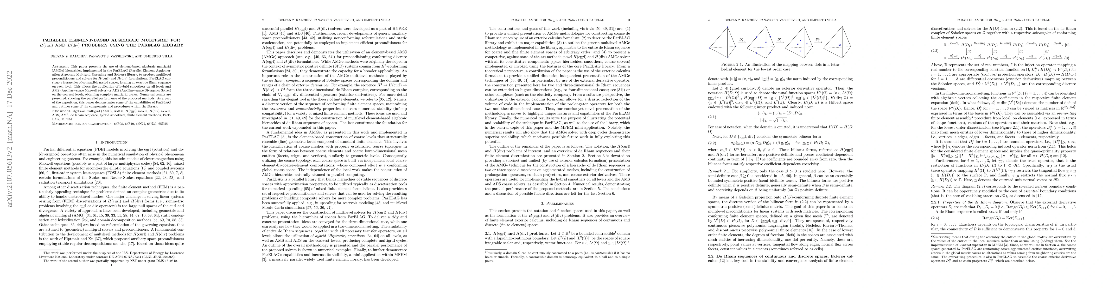 Thumbnail for Parallel Element-based Algebraic Multigrid for H(curl) and H(div)
  Problems Using the ParELAG Library