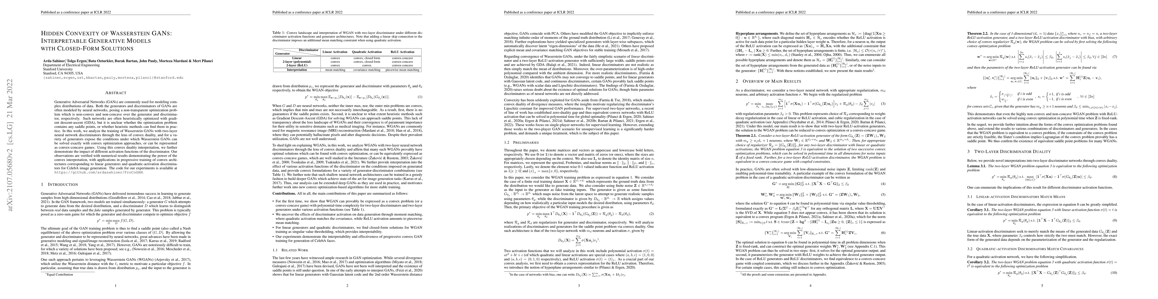 Thumbnail for Hidden Convexity of Wasserstein GANs: Interpretable Generative Models
  with Closed-Form Solutions