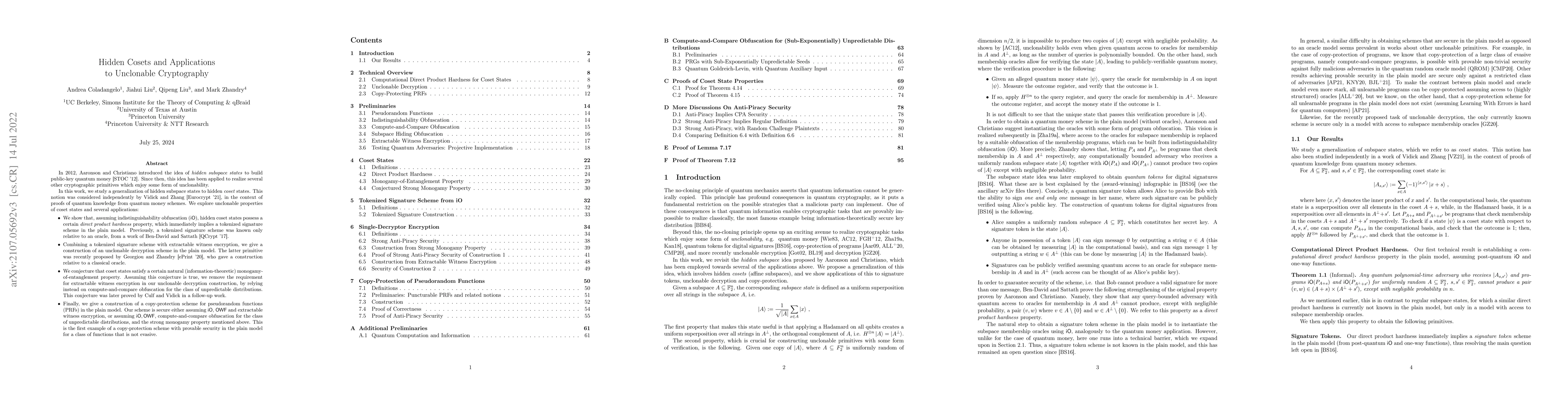 Thumbnail for Hidden Cosets and Applications to Unclonable Cryptography