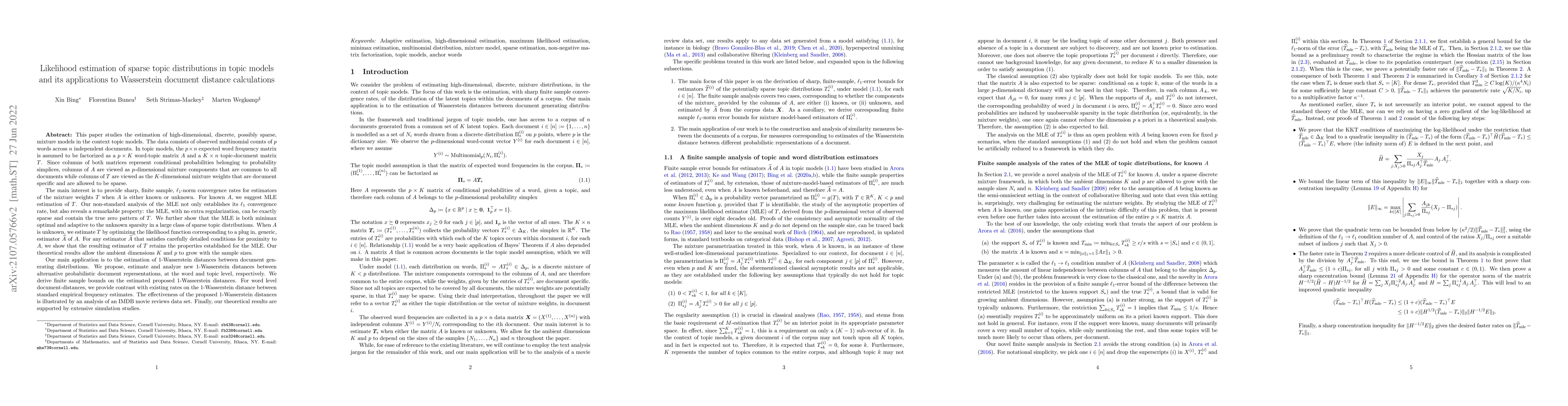 Thumbnail for Likelihood estimation of sparse topic distributions in topic models and
  its applications to Wasserstein document distance calculations