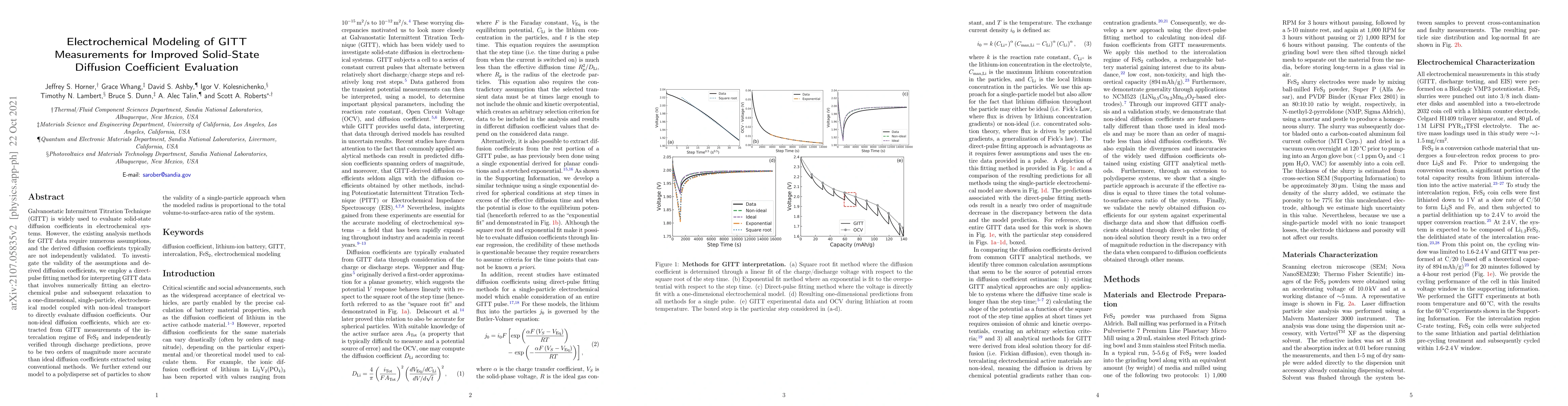 Thumbnail for Electrochemical Modeling of GITT Measurements for Improved Solid-State
  Diffusion Coefficient Evaluation