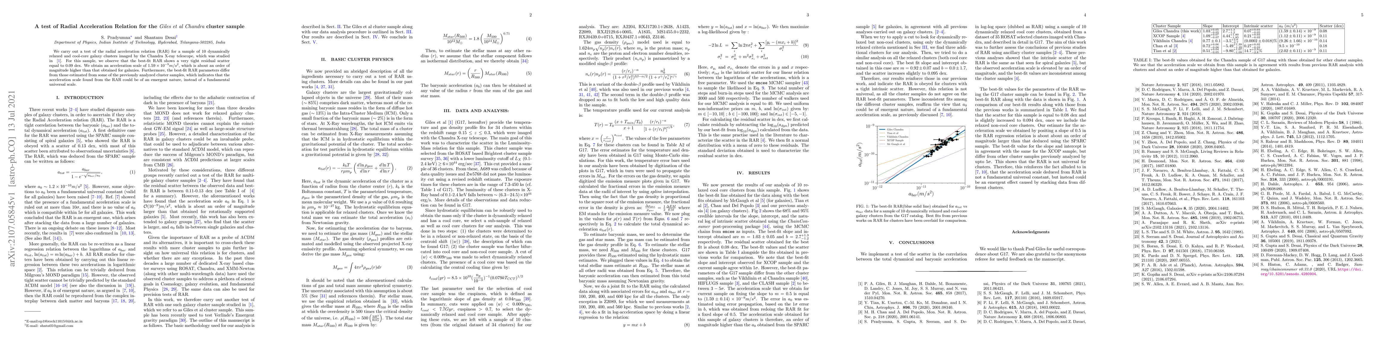 Thumbnail for A test of Radial Acceleration Relation for the {\it Giles et al Chandra}
  cluster sample