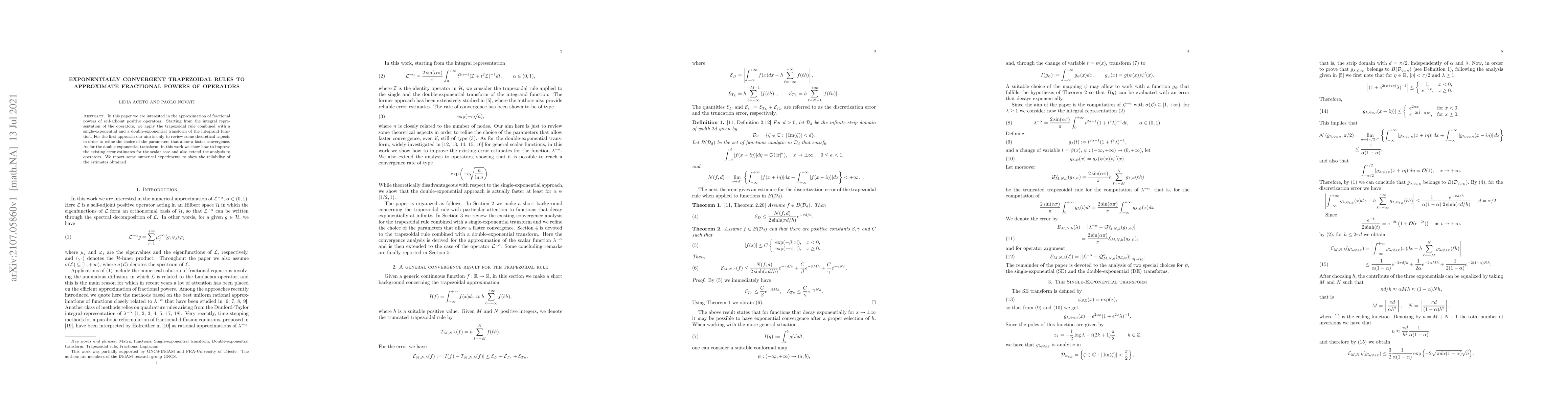Thumbnail for Exponentially convergent trapezoidal rules to approximate fractional
  powers of operators