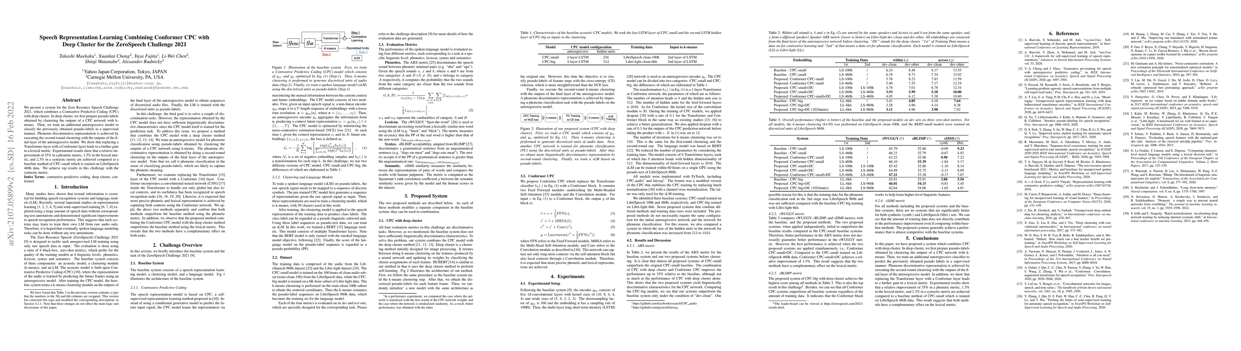 Thumbnail for Speech Representation Learning Combining Conformer CPC with Deep Cluster
  for the ZeroSpeech Challenge 2021