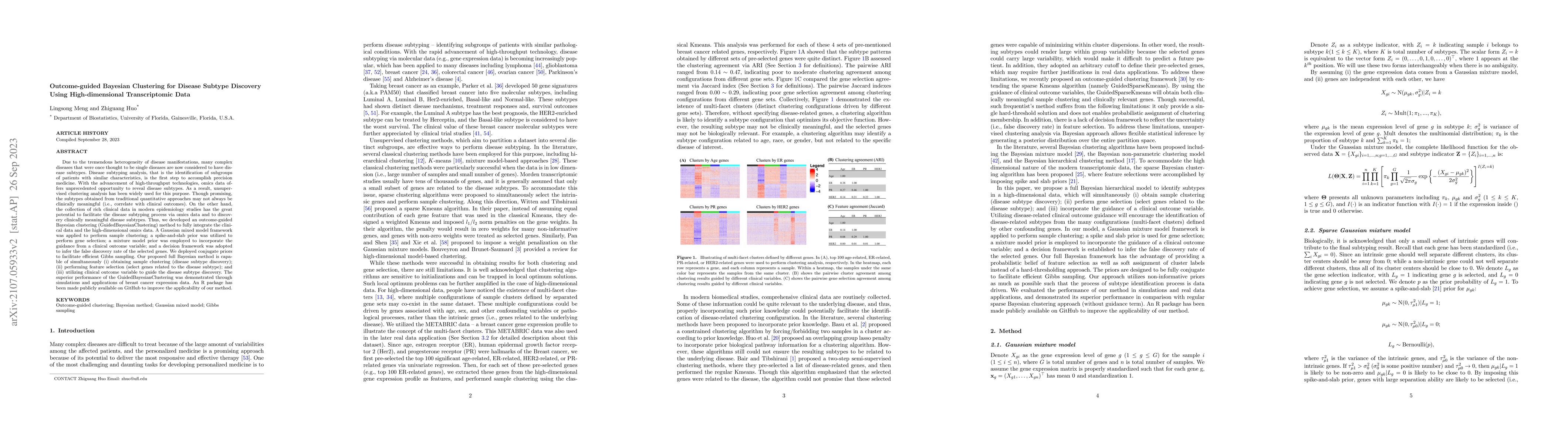 Thumbnail for Outcome-guided Bayesian Clustering for Disease Subtype Discovery Using
  High-dimensional Transcriptomic Data